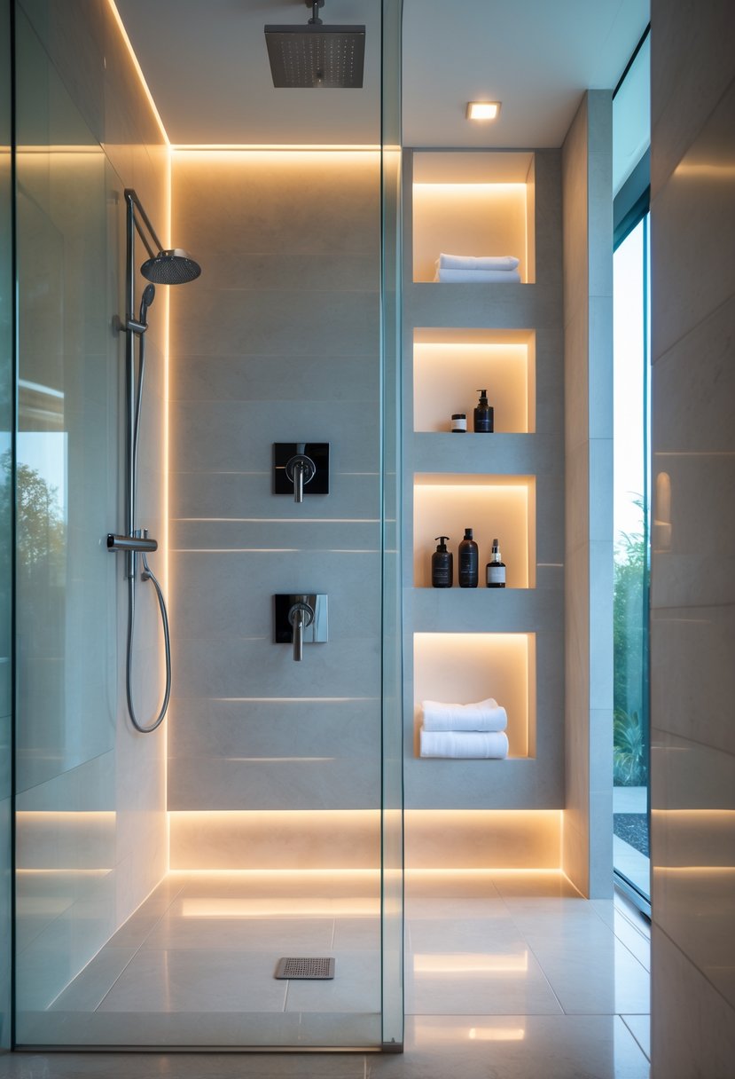 A walk-in shower with glass panels and built-in LED lighting inside wall niches illuminating bath products.