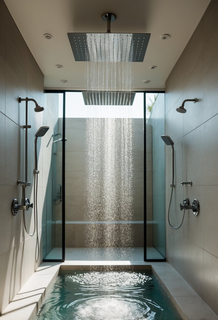 A spacious walk-in shower with multiple rain shower heads and clear glass panels.