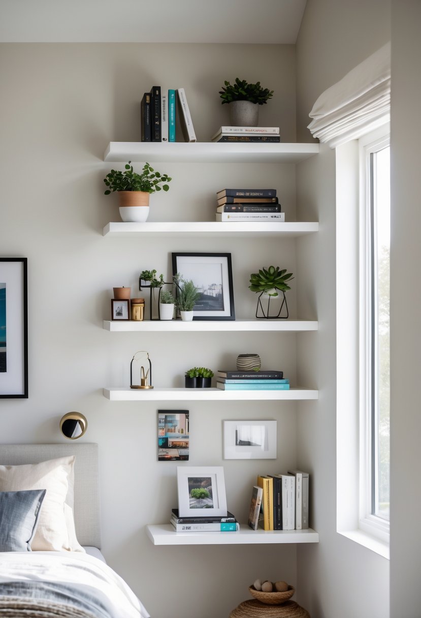 v2 183si8 d63ge A bedroom corner with floating shelves displaying books and decorative items above a bed.