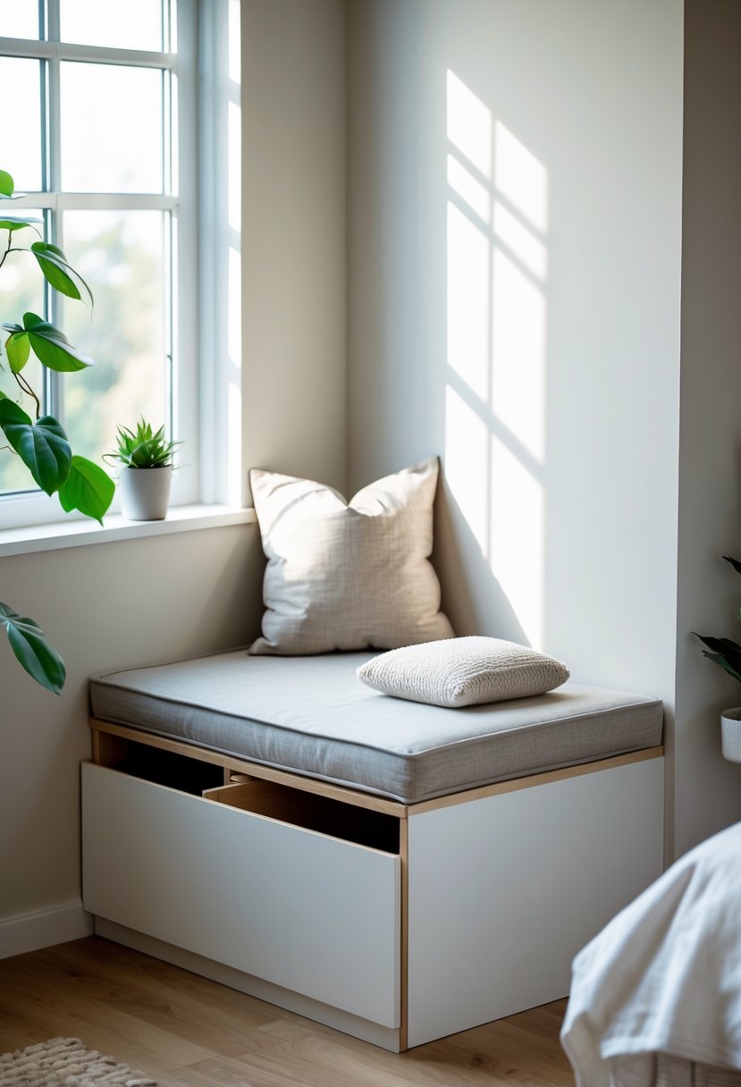 v2 183sjr mgrde A bedroom corner with a small bench that has storage underneath, featuring a cushion and decorative items.