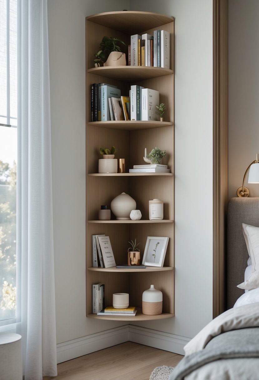 v2 183skl A bedroom corner with a slim bookshelf holding books and decorative items, next to a bed with clean linens.