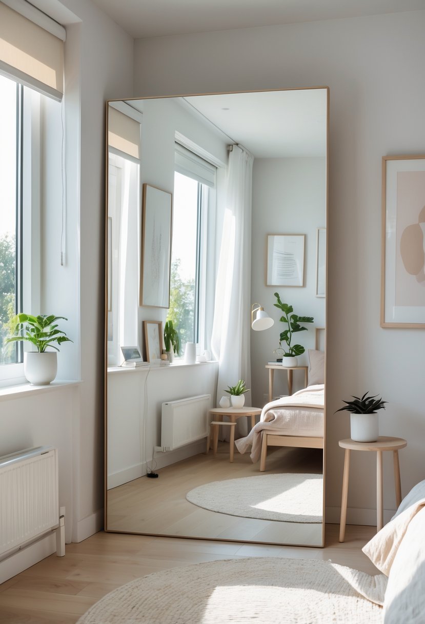 v2 183sl0 5icpg A bedroom corner with a large floor mirror reflecting sunlight, a bed, bedside table with a plant, and soft natural lighting.