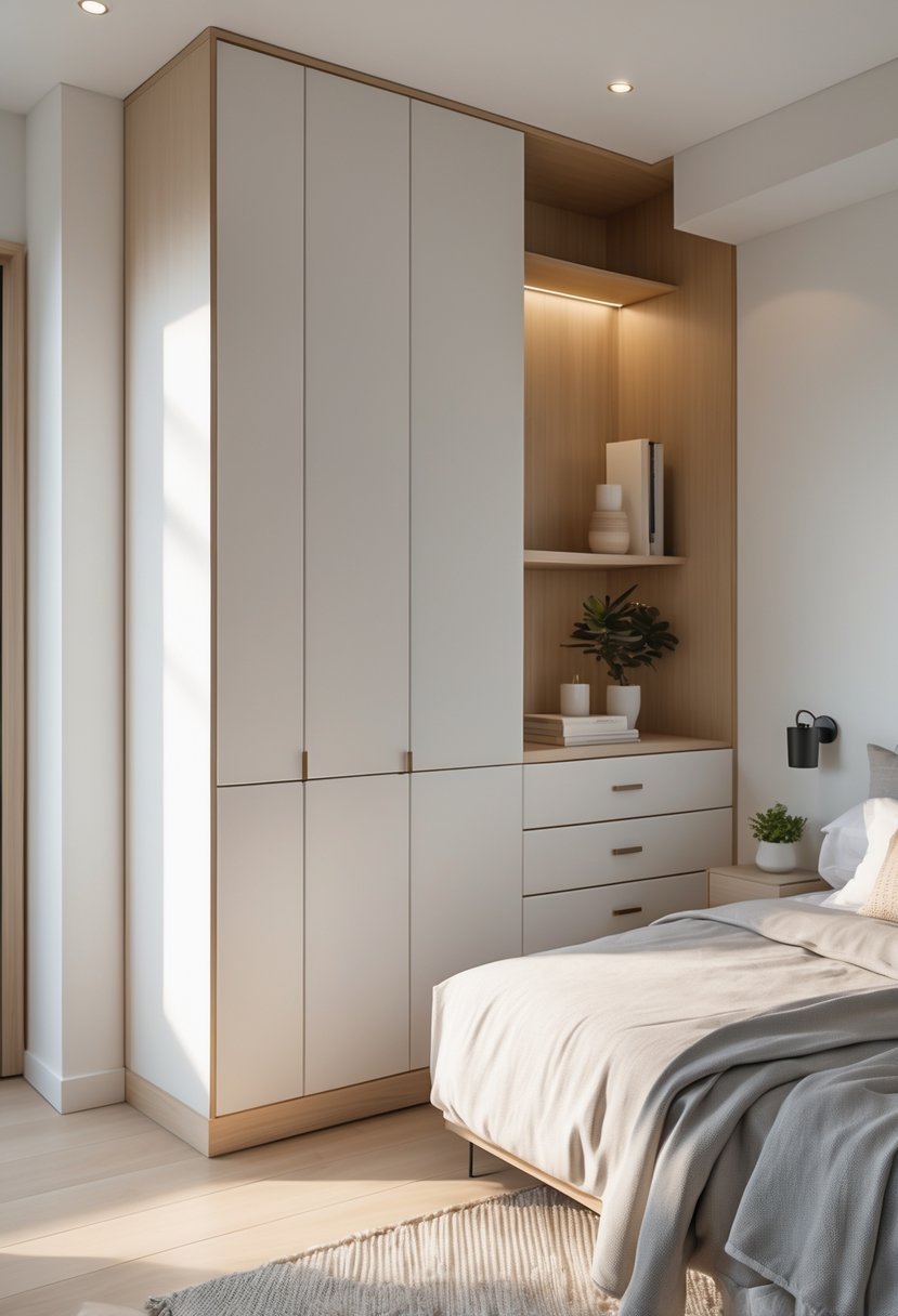 v2 183sld 2brmm A bedroom corner with floating cabinets installed for hidden storage, next to a neatly made bed.