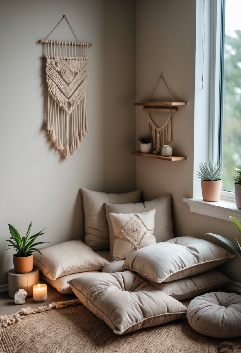 v2 183slq 2d3pe A small meditation corner in a bedroom with cushions, plants, a candle, and calming decor arranged in a cozy corner.