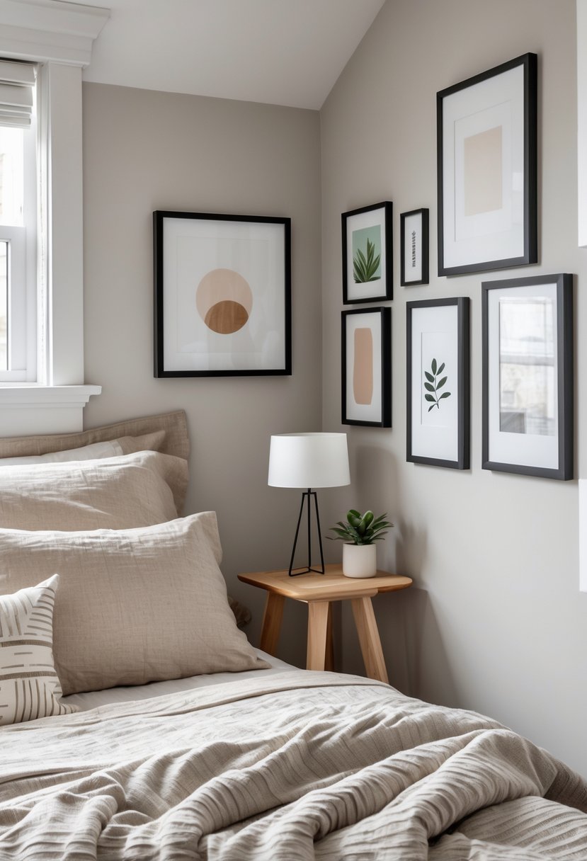 v2 183sm4 bu1se A bedroom corner with a bed, nightstand, and framed wall art arranged neatly on the walls.