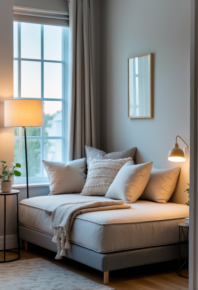 v2 183smu yjsnq A bedroom corner with a daybed or small chaise lounge, cushions, a side table with a plant, and a floor lamp.