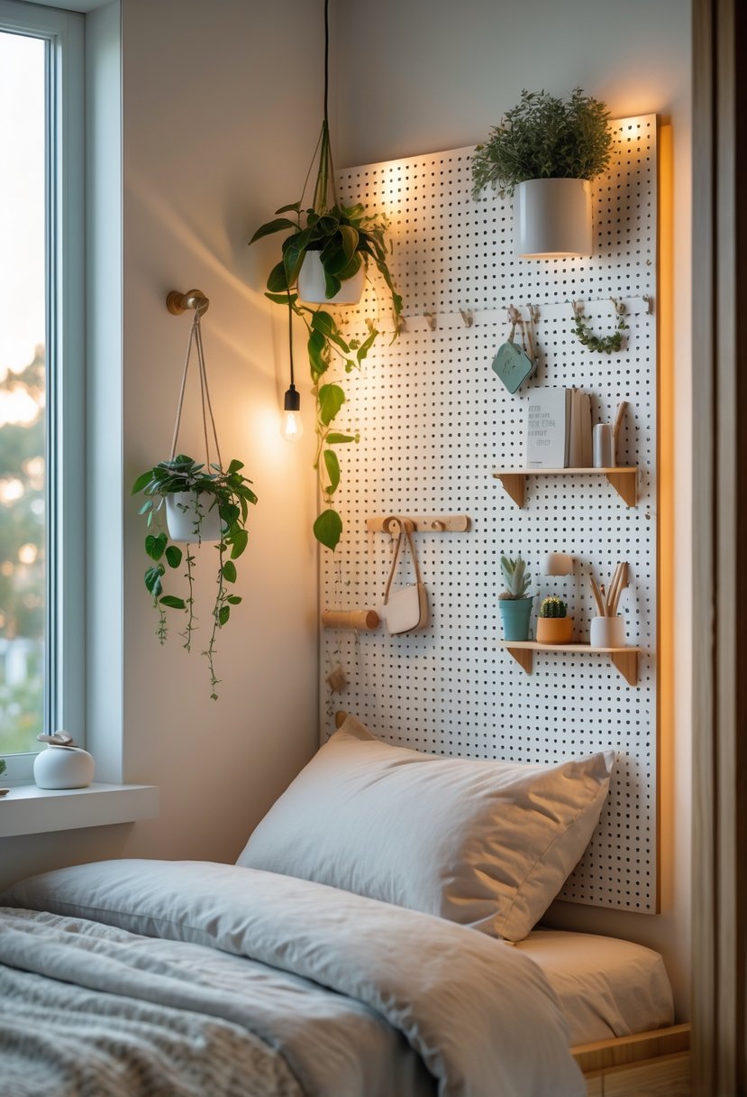 v2 183sn8 yvt1b A bedroom corner with a mounted pegboard holding plants and decorative items above a bed with soft bedding.