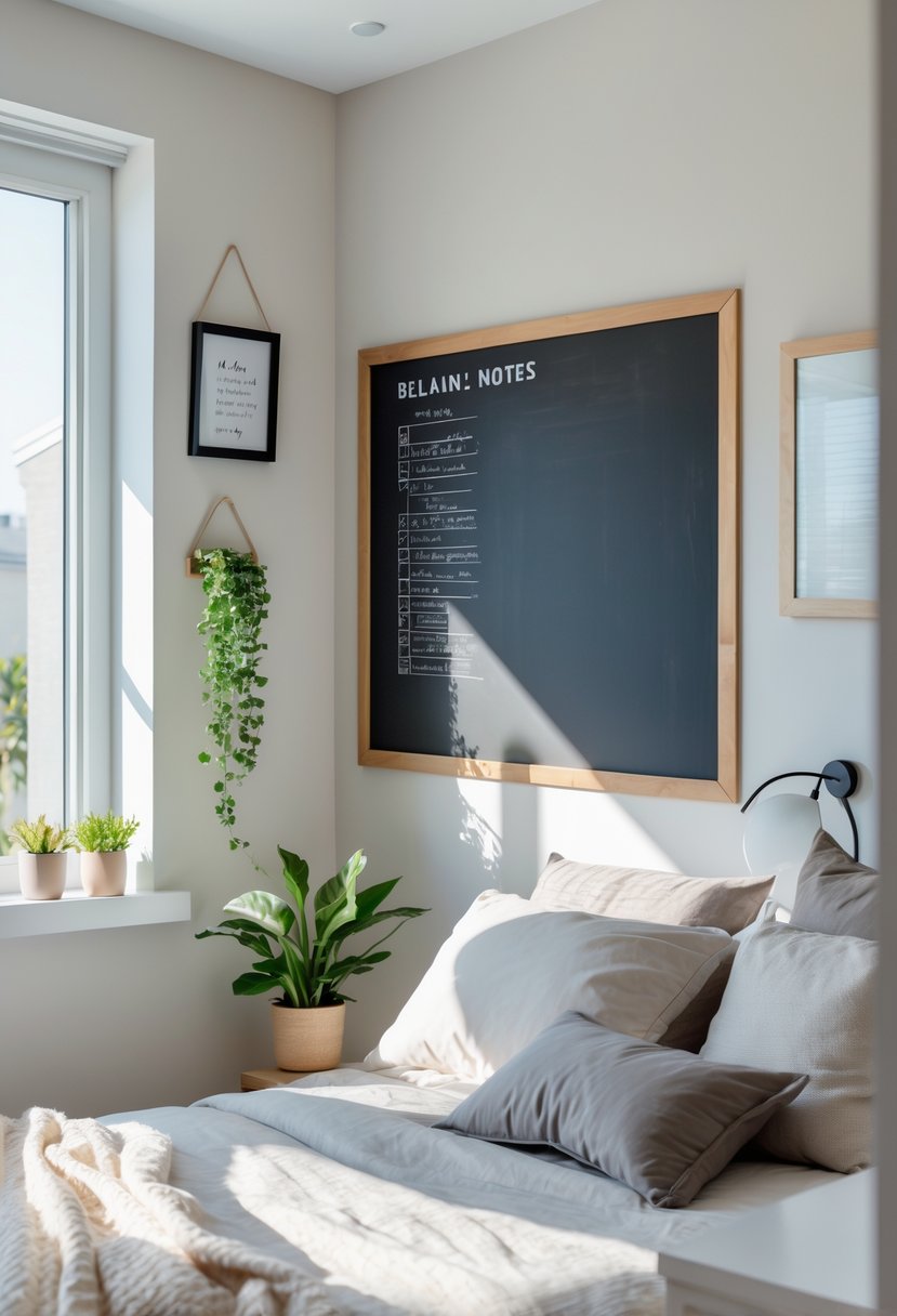 v2 183snn d2bml A bedroom corner with a bulletin board on the wall, a bed with pillows and a throw, a bedside table with a lamp, and natural light coming through a window.