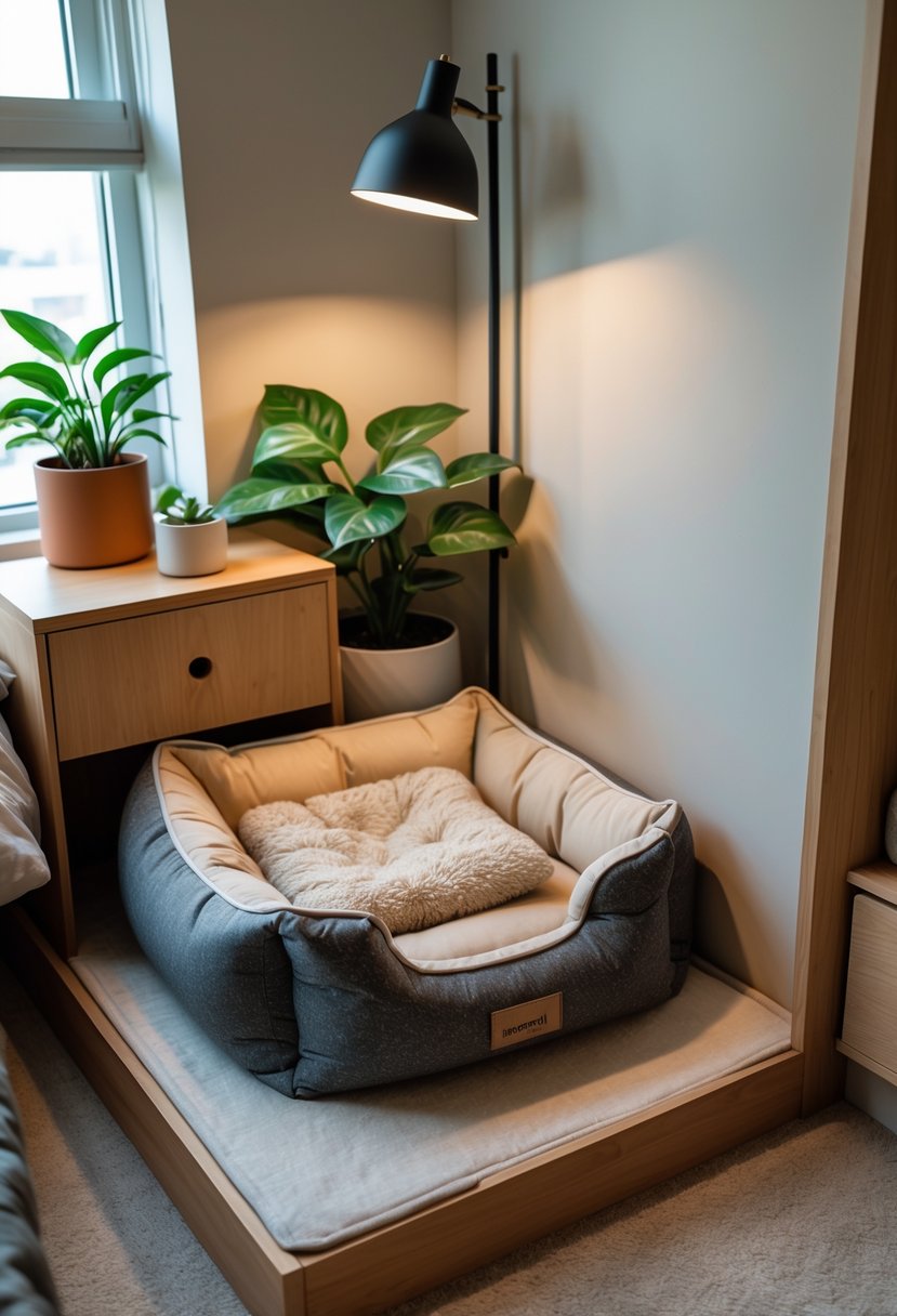 v2 183snz kubzl A bedroom corner with a cozy pet bed arranged as a small nook for a pet.