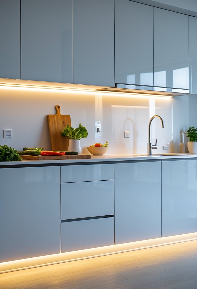 v2 183stv 532kj A modern kitchen countertop illuminated by continuous LED strip lights installed under white cabinets.