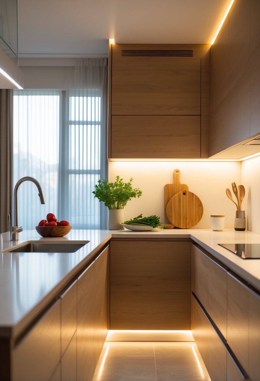v2 183sum A modern kitchen with warm white LED strip lighting under wooden cabinets illuminating the countertop.
