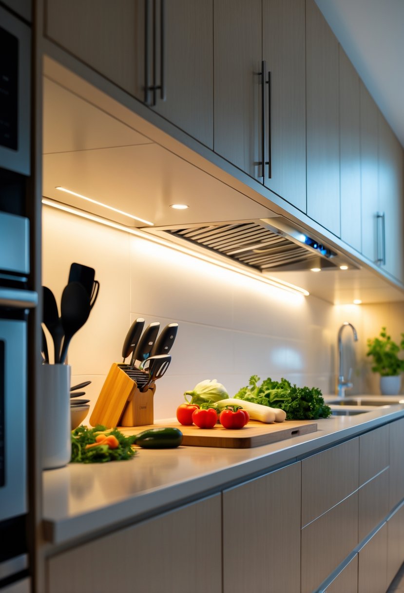 v2 183sv3 mqo95 A modern kitchen countertop illuminated by under-cabinet motion sensor lights with cabinets, appliances, and kitchen utensils visible.