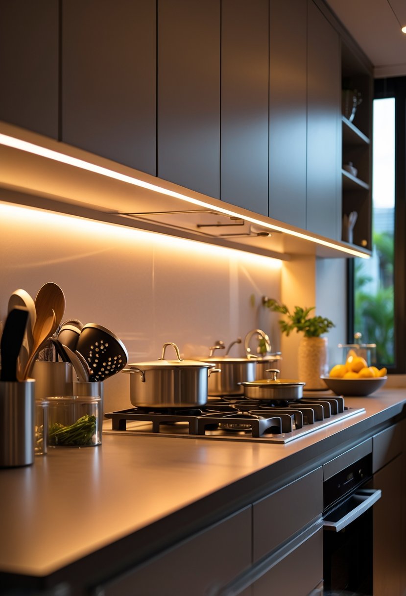 v2 183svg h8jdp Modern kitchen countertop illuminated by adjustable LED puck lights installed under cabinets.