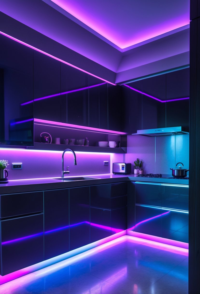 v2 183swy rmeun A modern kitchen with under-cabinet RGB LED strip lighting casting colorful light on the countertops.