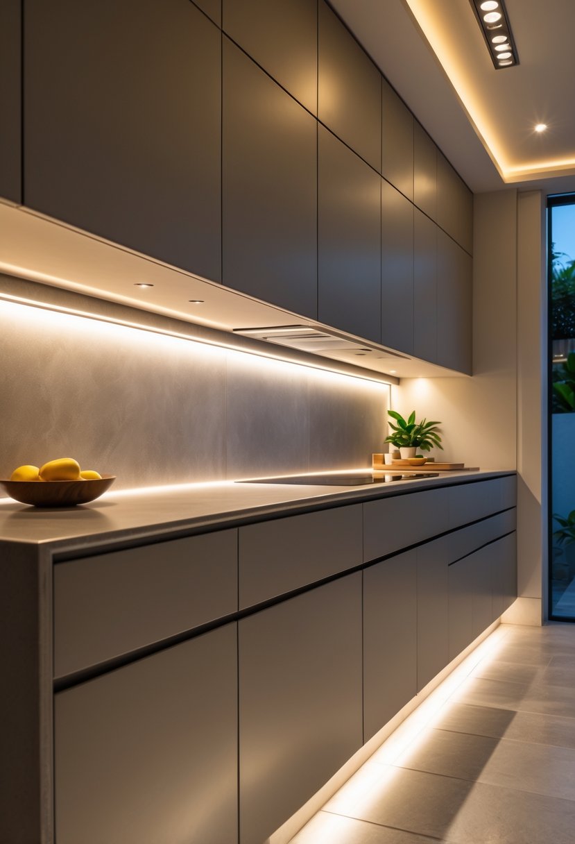 v2 183sxd u14rs A modern kitchen countertop illuminated by slim LED lights mounted under the cabinets.