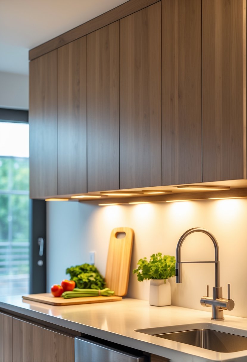 v2 183sxu ivm6n A modern kitchen countertop illuminated by wireless under-cabinet lights installed beneath wooden cabinets.