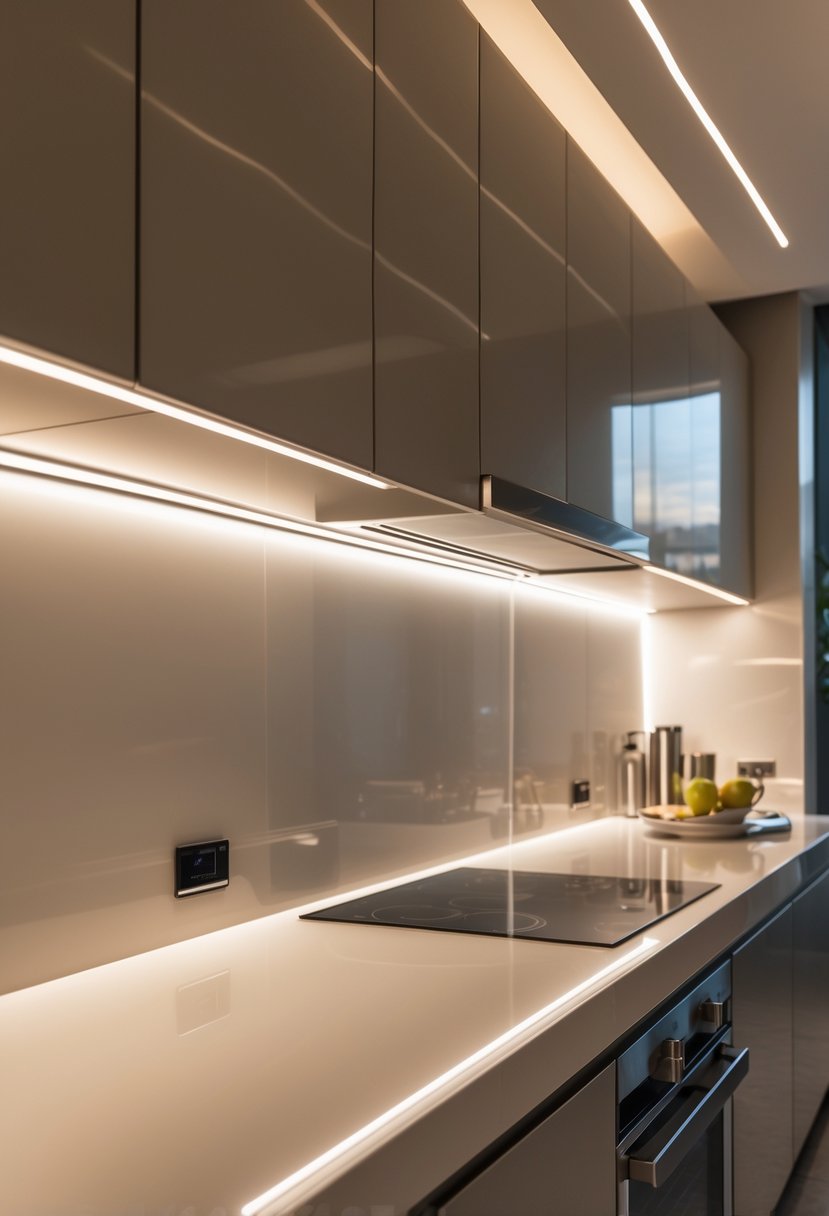 v2 183syk pdurh A modern kitchen countertop illuminated by slim fluorescent tube lights installed under the cabinets.