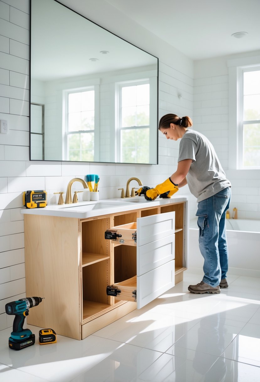 v2 187k18 22zi7 Person installing a new bathroom vanity cabinet with tools on the countertop in a bright bathroom.
