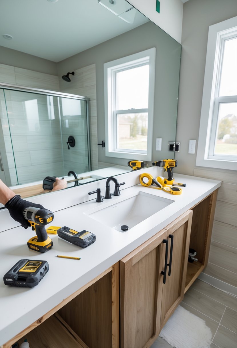 v2 187k1t h9swg Hands working on upgrading a bathroom vanity with tools and new cabinet handles in a bright bathroom.