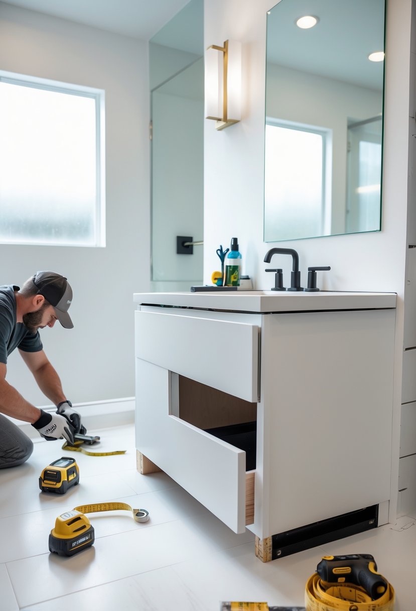 v2 187k2i d8nys Hands working on assembling a bathroom vanity with tools and materials on a countertop in a bright bathroom.