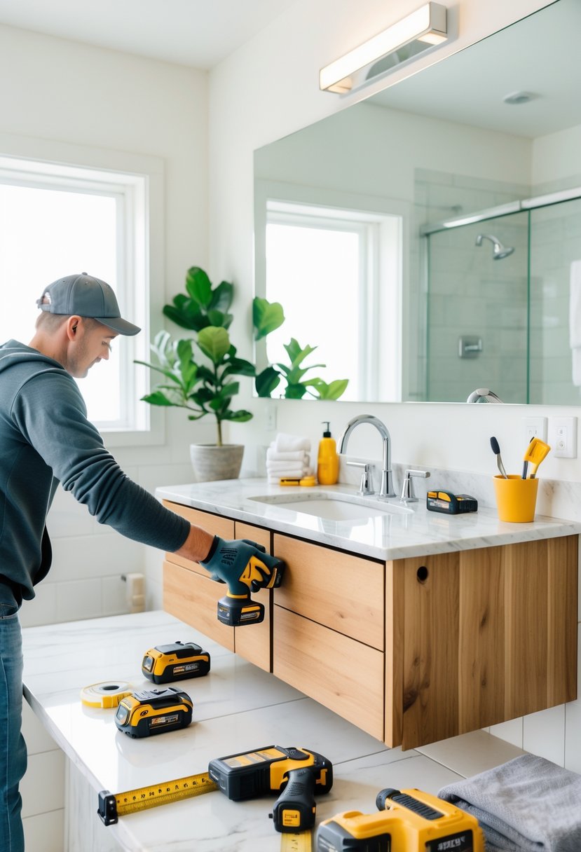 v2 187k42 kbi37 Hands installing a wooden bathroom vanity cabinet with tools on a marble countertop in a bright bathroom.
