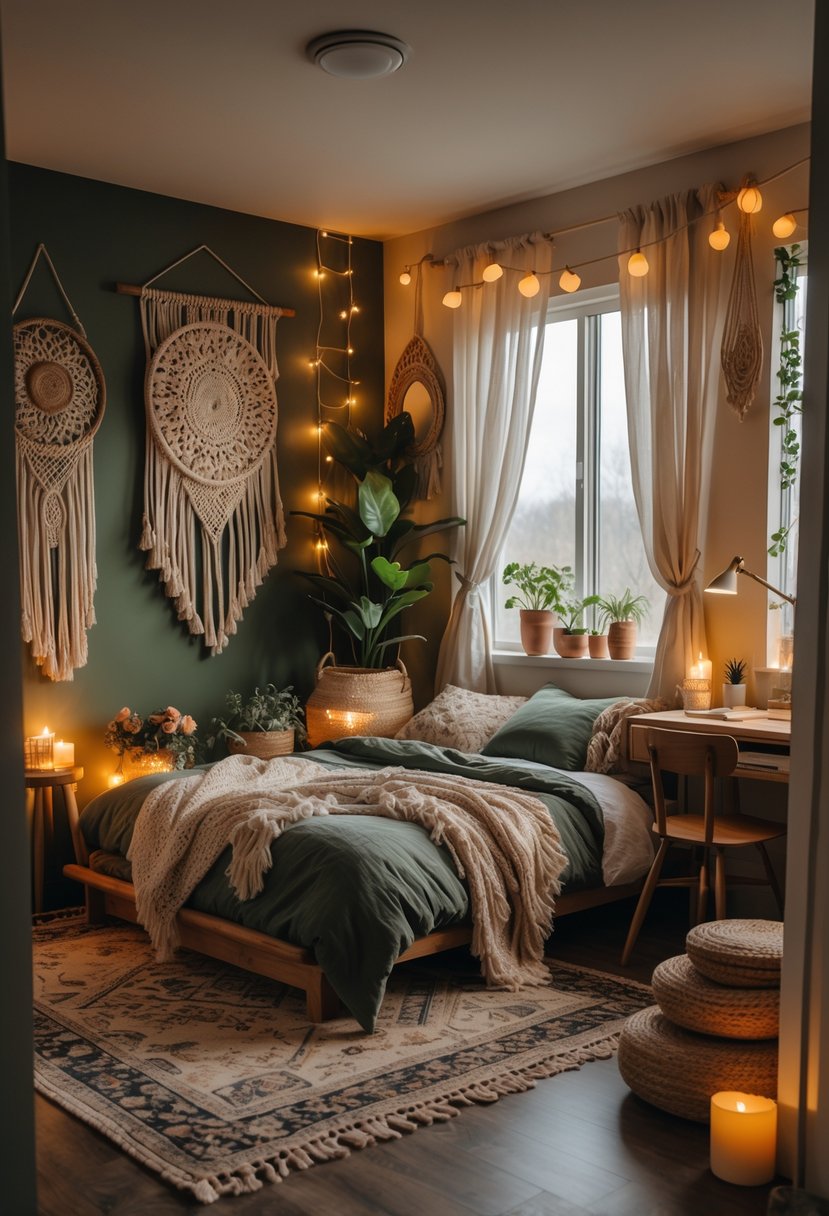 A cozy teenage bedroom with a wooden bed, layered bedding, plants, and warm ambient lighting.