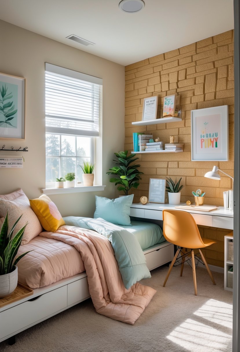 A teenage bedroom with a textured accent wall, a bed, desk, plants, and shelves filled with books and decorations.