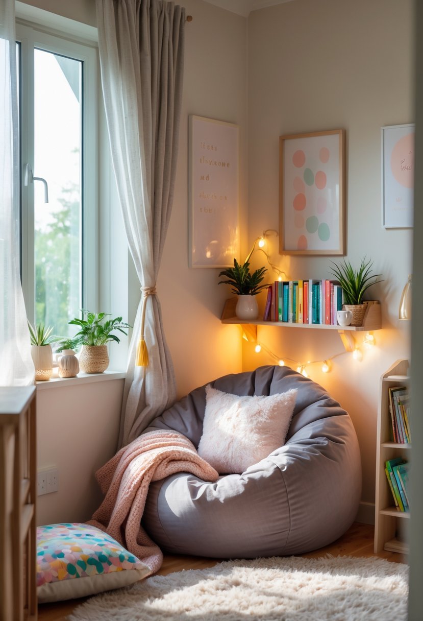 A cozy bedroom corner with a comfortable chair, bookshelf filled with books, soft cushions, and natural light from a window.