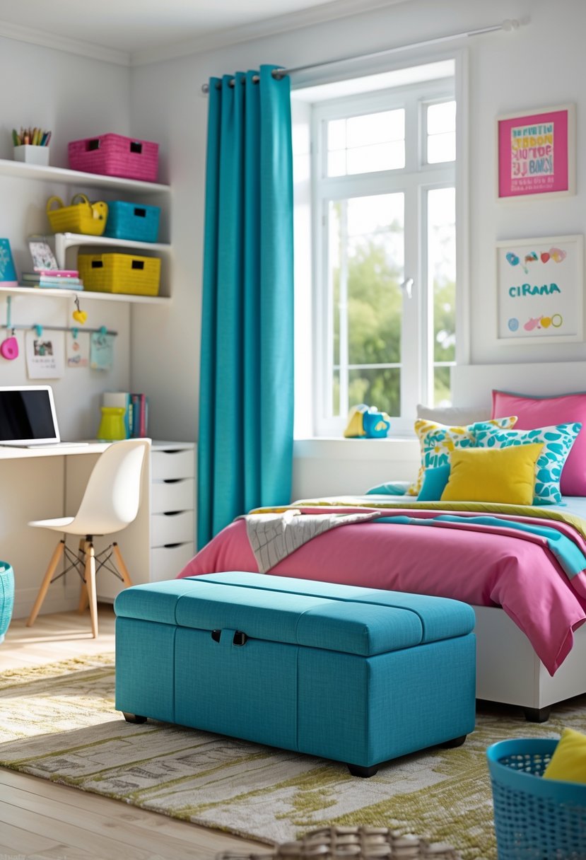 A bright teen bedroom with a bed, a multi-functional storage ottoman, a study desk, and shelves with personal items.