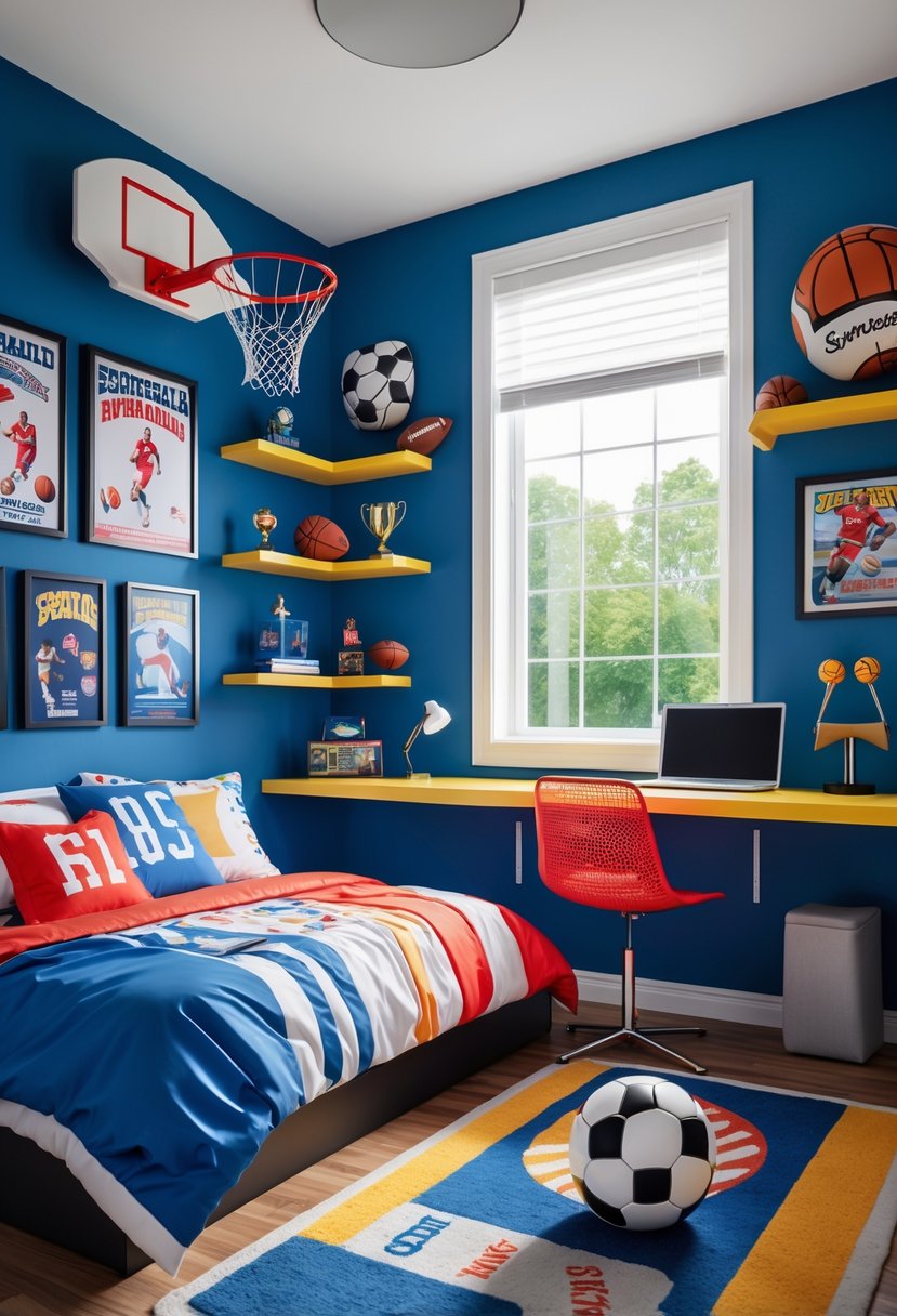 A teen bedroom decorated with sports equipment, posters, trophies, and a basketball hoop, featuring a bed, desk, and natural light.