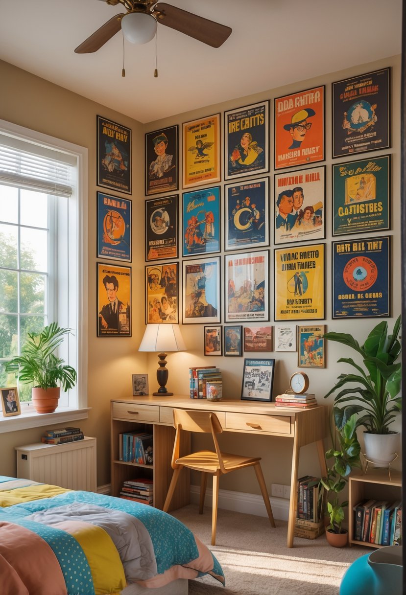A teenage bedroom with a cozy bed, vintage posters on the walls, a wooden desk near a window, a chair, bookshelf, and potted plants.