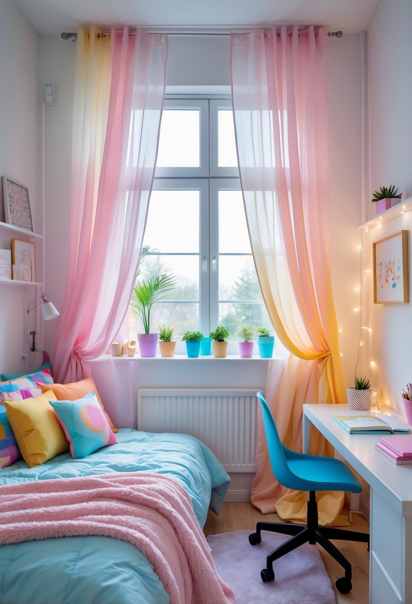 A teen bedroom with pastel ombre curtains, a bed with colorful pillows, a desk with study materials, and decorative plants and artwork.