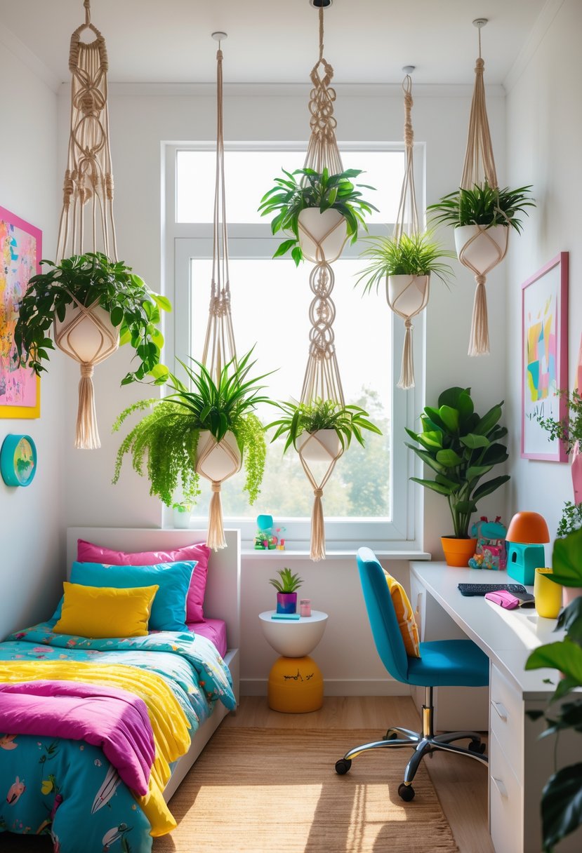 Teen bedroom with hanging macrame planters holding green plants near a window, a bed, and a desk.