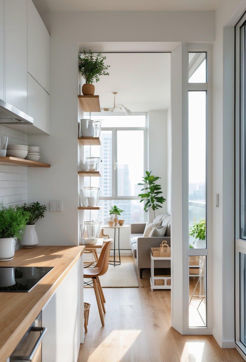 v2 187ql3 2o87i A narrow kitchen pass-through window with a wooden countertop connecting a modern kitchen to a living area in an apartment.