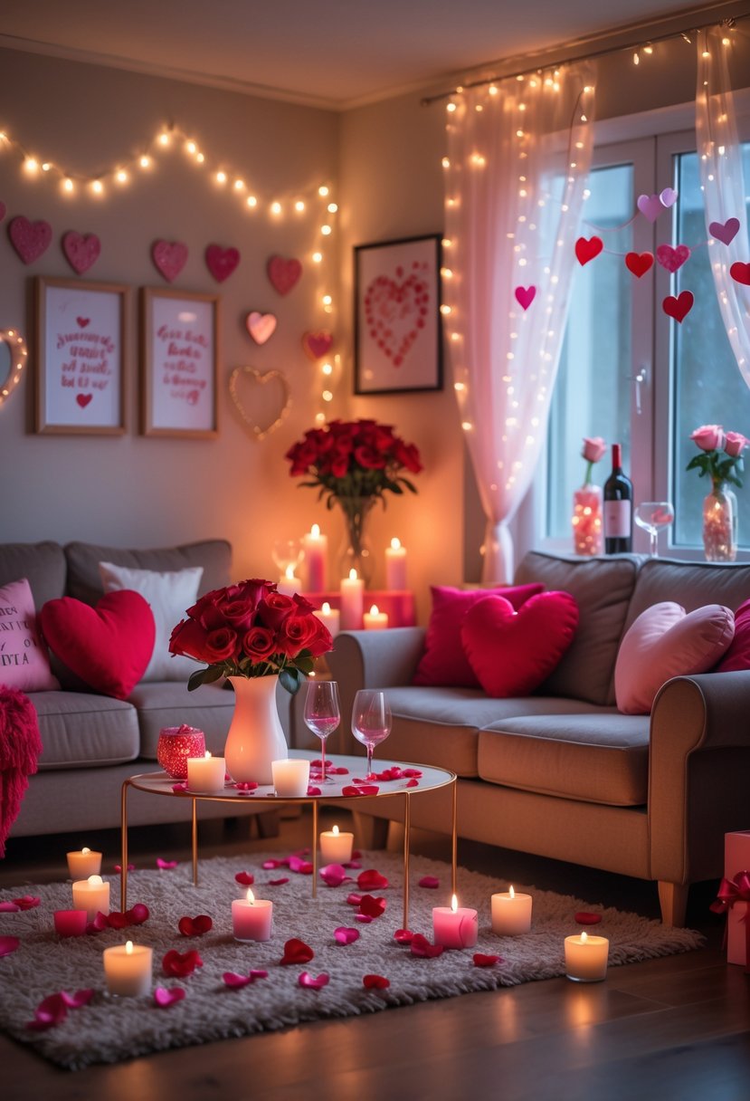 v2 189913 sicda A romantic living room with a sofa, heart-shaped cushions, rose petals, candles, and soft lighting creating a cozy atmosphere.