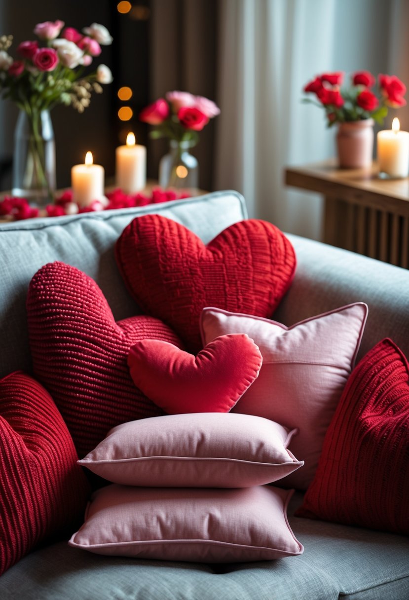 v2 18991i 0ewcy A living room sofa with red and pink heart-shaped throw pillows layered together, surrounded by romantic decor.