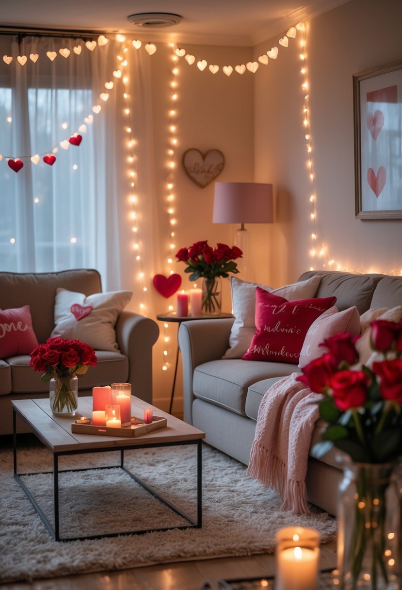 v2 18991s j4tkh A cozy living room decorated with warm white string lights, a sofa with cushions, a coffee table with red roses and candles, creating a romantic atmosphere.