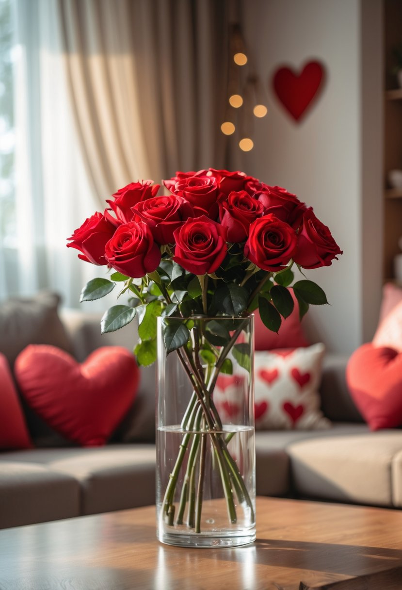 v2 189923 nmzce A clear glass vase holding fresh red roses on a wooden coffee table in a living room with soft natural light and romantic decor.