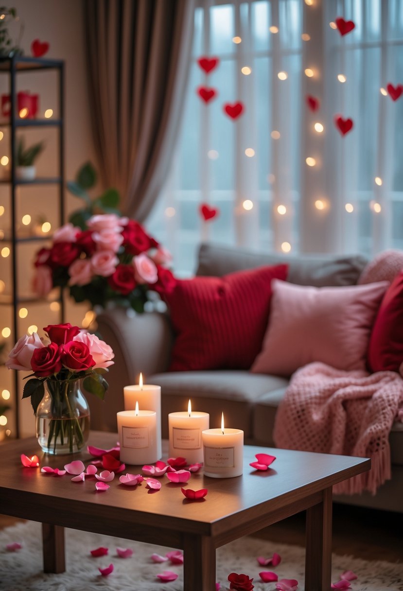 v2 18992e uswbn A romantic living room with lit scented candles, rose petals, cushions, and a vase of roses on a coffee table.