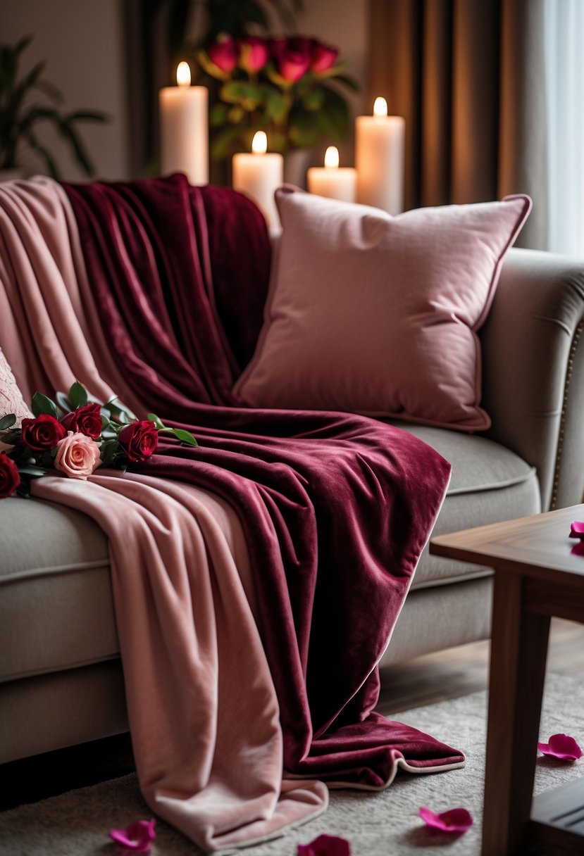 v2 18992p 4j60j A cozy living room with a sofa draped in soft velvet throw blankets and romantic decor including candlelight and rose petals.