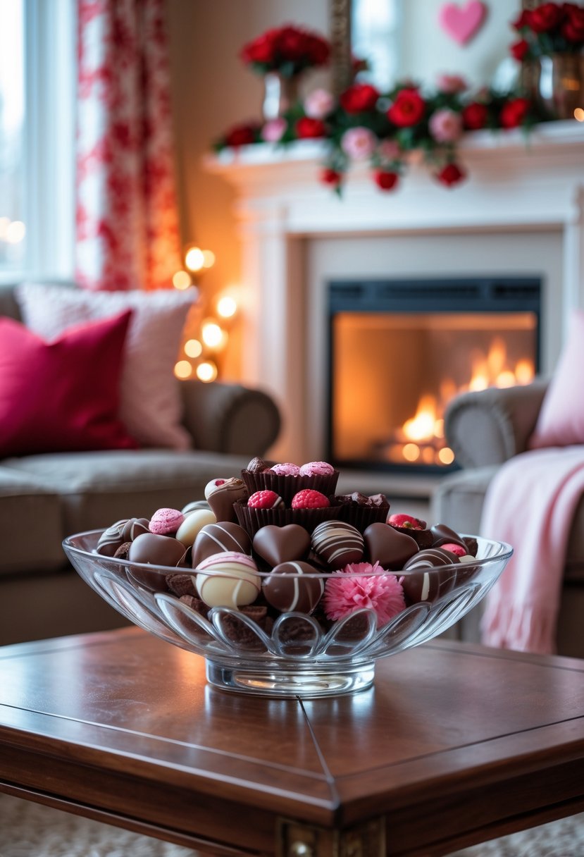v2 18993g yhf2c A living room with a glass bowl filled with chocolates on a coffee table surrounded by romantic Valentine's Day decorations.