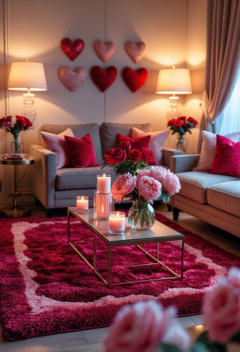 v2 18994b 98gge A living room with plush red and blush area rugs, comfortable seating, warm lighting, fresh flowers, and romantic decorations.
