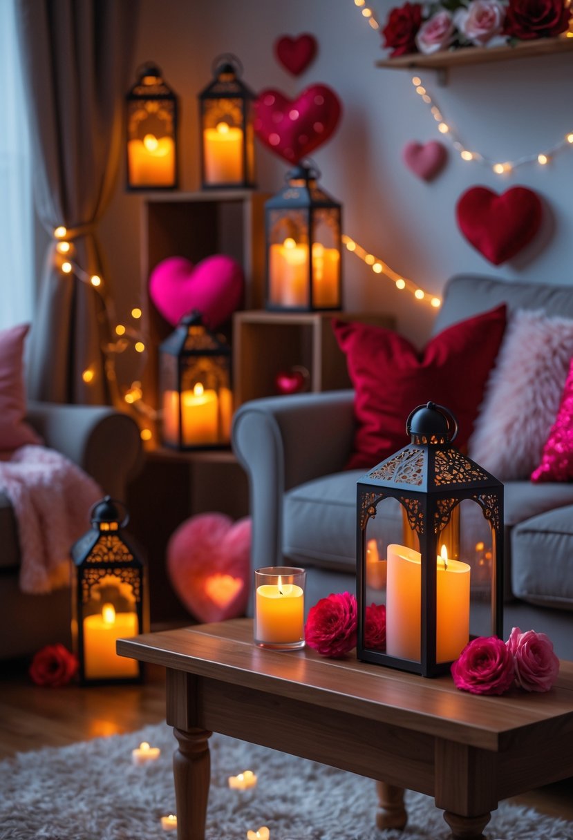 v2 18994y zhbck A living room with decorative lanterns holding flameless candles arranged on a coffee table and shelves, surrounded by cushions and Valentine's Day decorations.