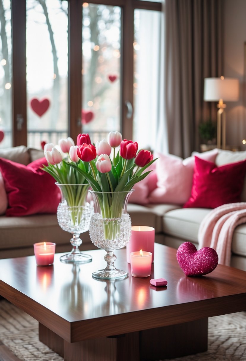 v2 18995b vjswp A living room with crystal vases holding fresh tulips and peonies on a coffee table surrounded by cozy seating and soft natural light.
