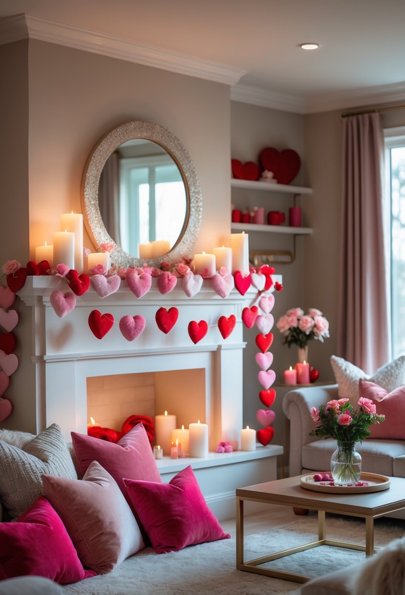 v2 18995m ep1tr A living room with a mantel decorated with heart-shaped garlands and romantic Valentine's Day decorations.