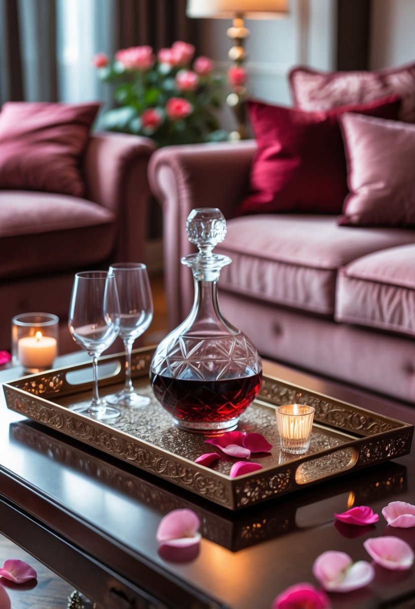 v2 18996q A decorative tray with wine glasses and a decanter on a coffee table in a romantic living room setting.