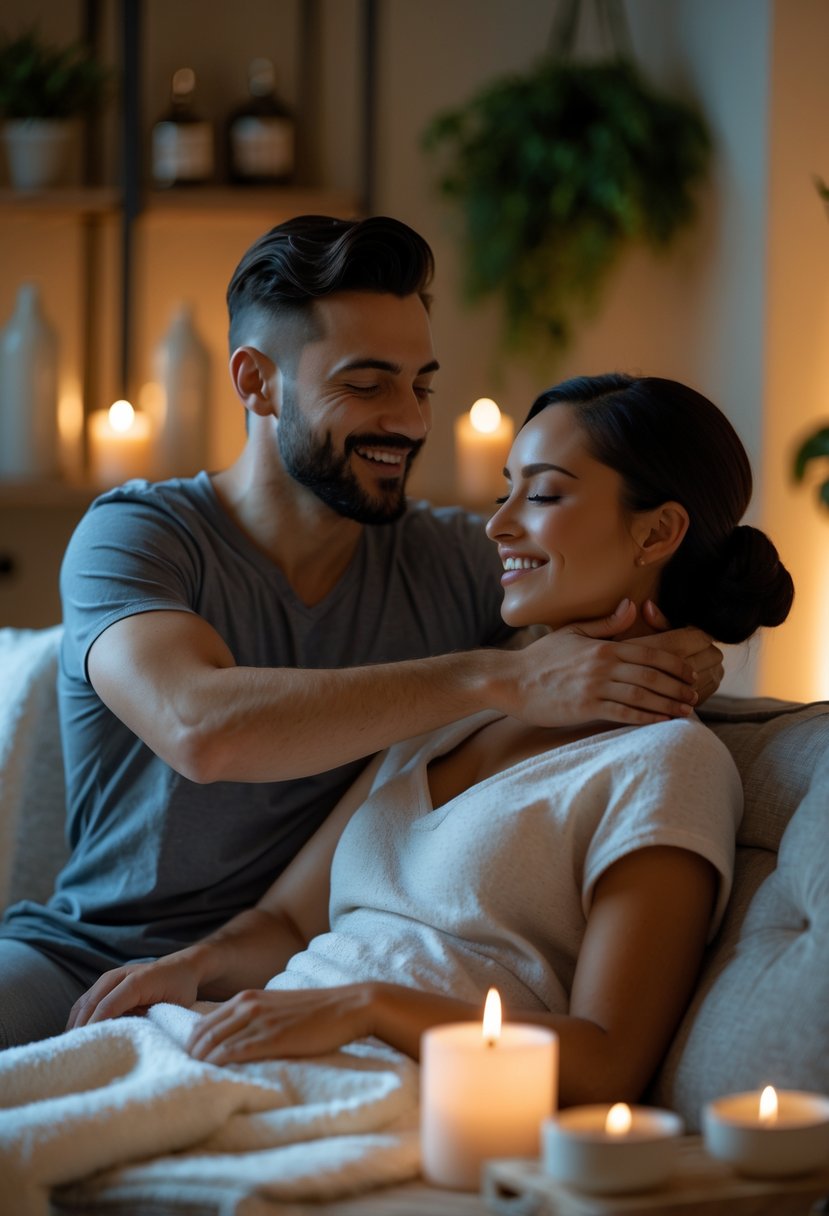 A couple giving each other shoulder and neck massages in a cozy home setting.