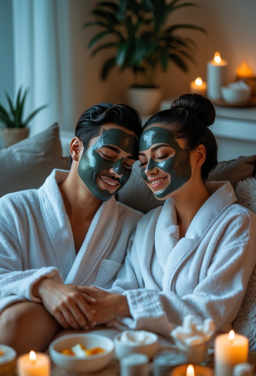 A couple wearing facial masks sitting together in a cozy room with spa items like candles and towels around them.