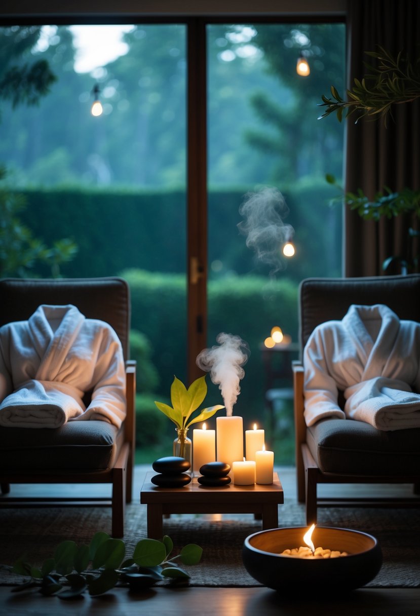 A cozy spa night setup for couples with robes, candles, massage stones, and eucalyptus leaves in a softly lit room overlooking a garden.