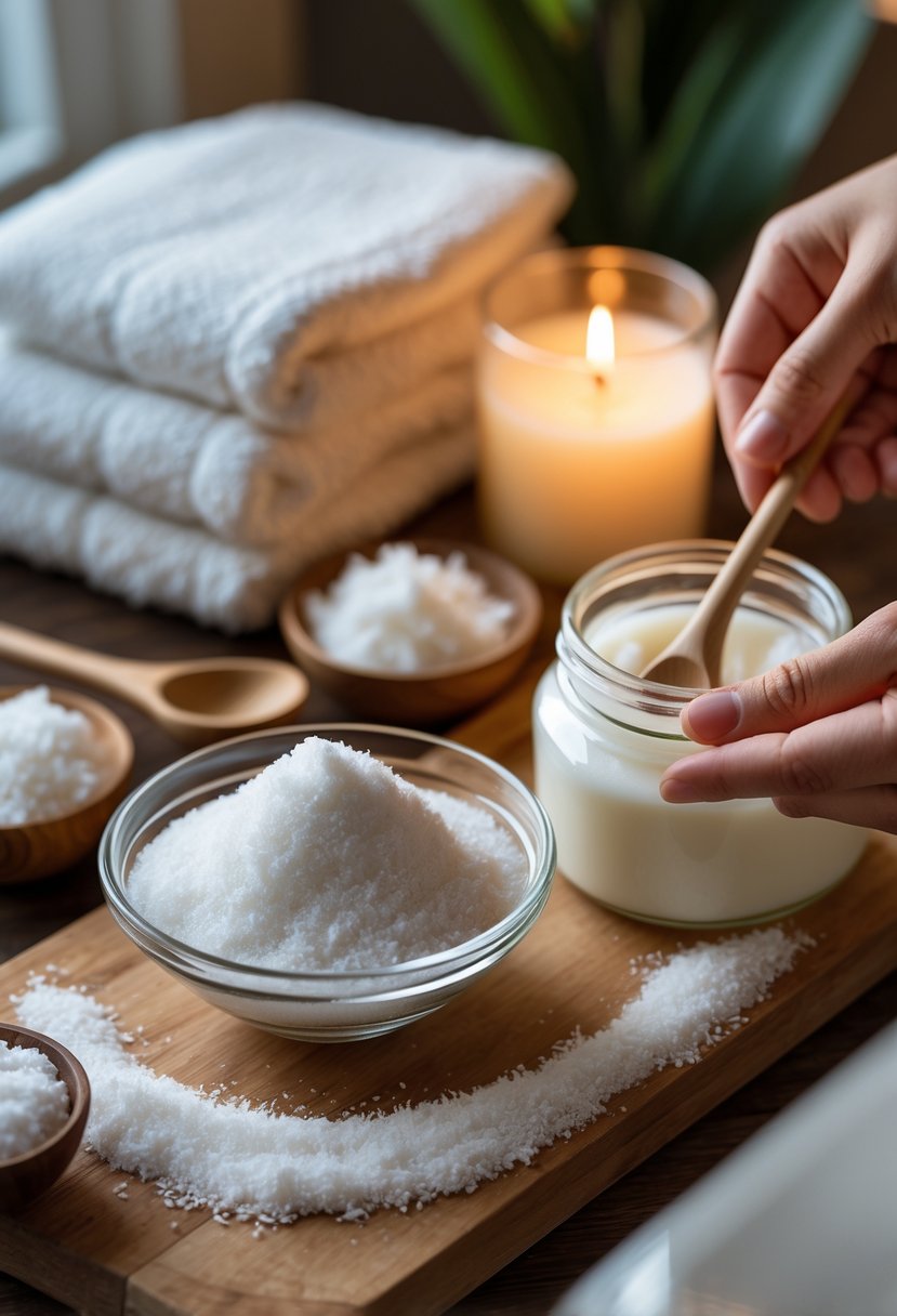 A couple's hands mixing sugar and coconut oil in a bowl surrounded by spa items like towels and a lit candle on a wooden surface.